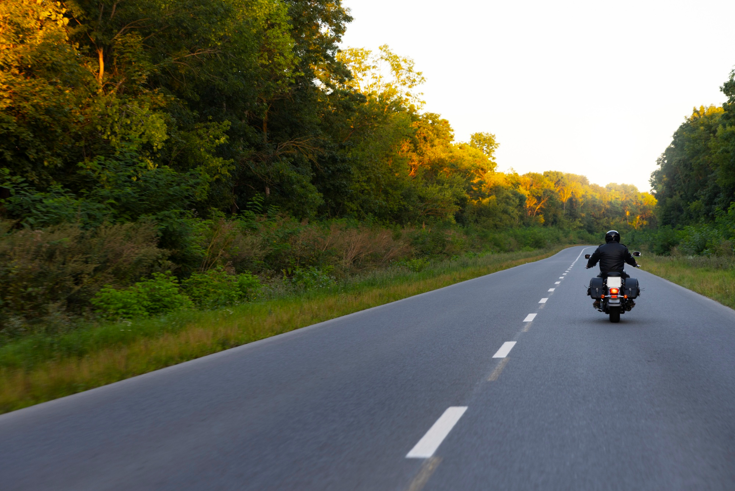 Motorcyclist riding on a two-lane road lined with trees at sunset