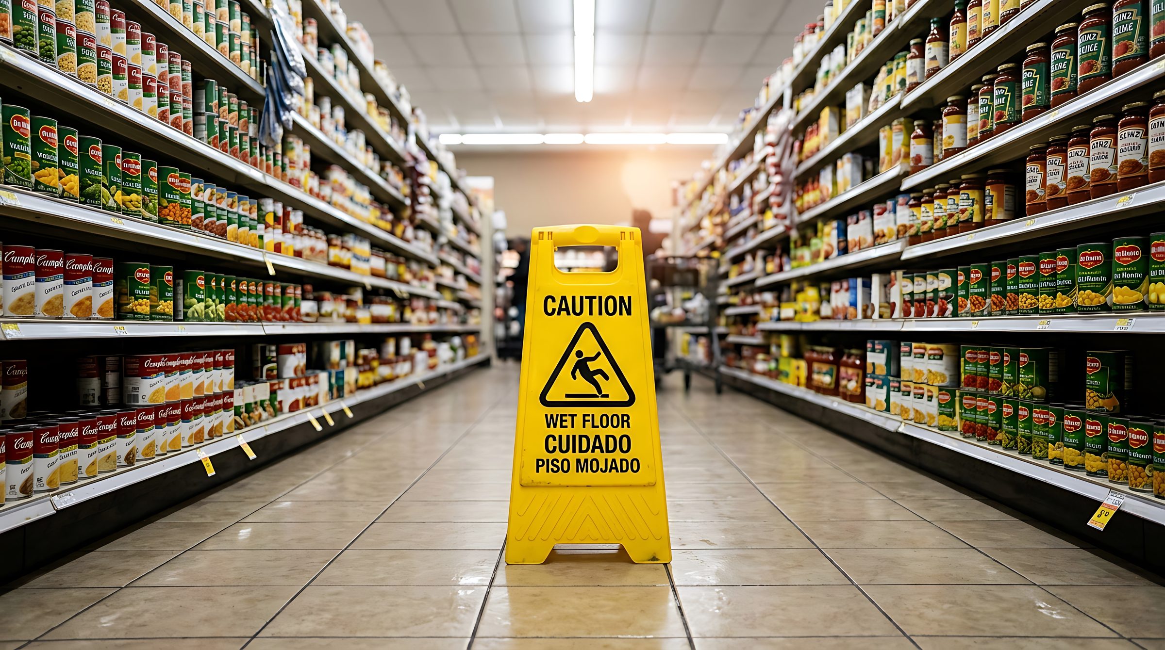 Caution wet floor sign standing in a grocery store aisle
